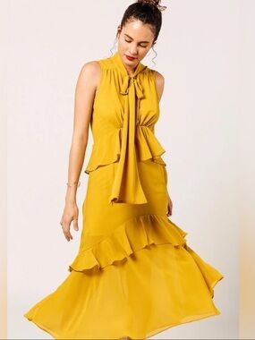 STRUT & BOLT Marigold Ruffle Maxi Dress Sleeveless Tie Neck M